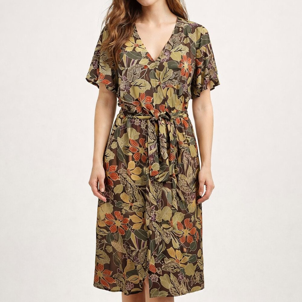 Dark‎ Floral Silky Wrap Dress Size S Flutter Sleeve Romantic Forestcore Fairy